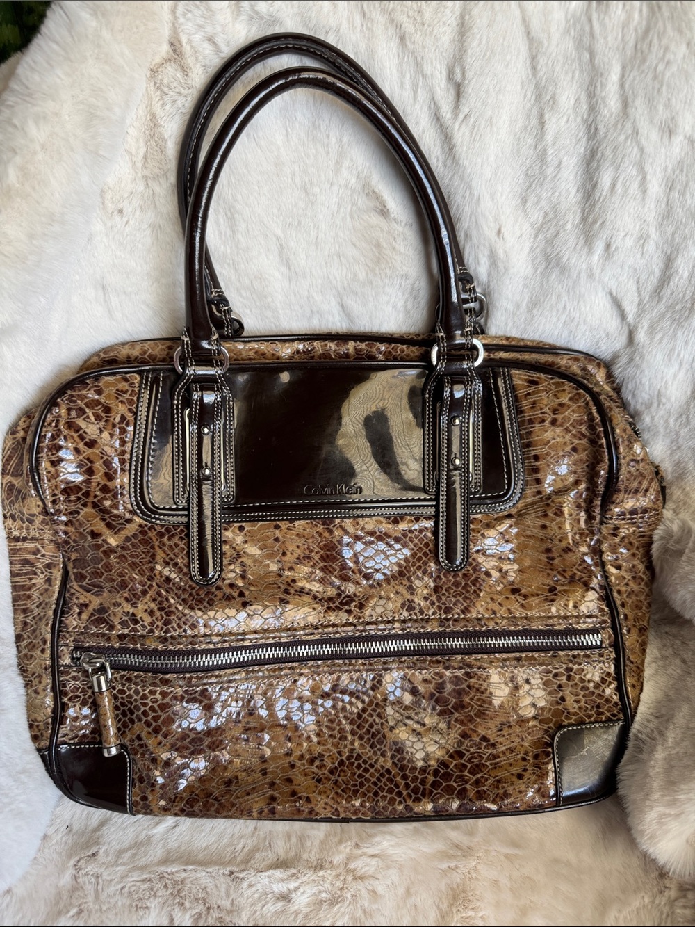 Calvin Klein Brown Snake-Print Patent Satchel with Dark Trim
